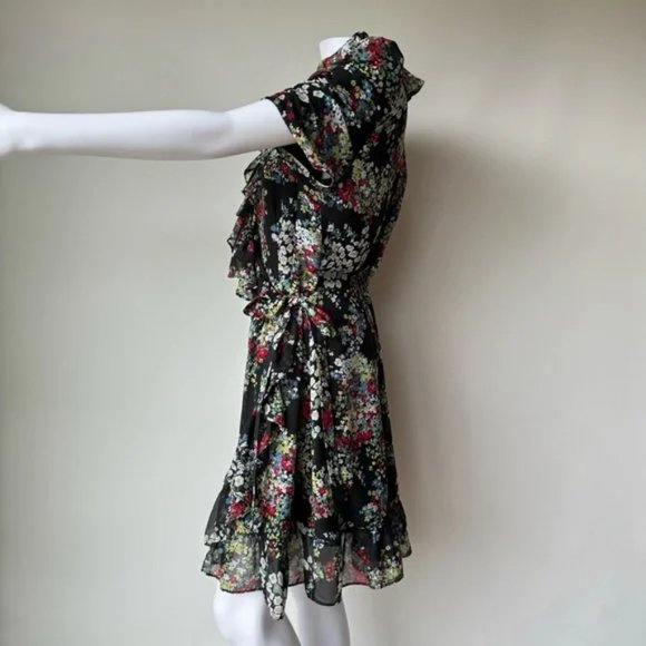 MISS Sixty Vintage Wrap Boho Floral Mini Dress Medium flirty ruffled puff sleeve - Picture 7 of 8